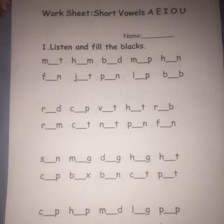 Phonics WS-short vowels AEIOU