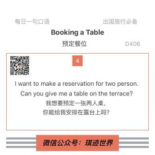 【旅行英语】 预定餐位·D406: I want to make a reservation for two persons.