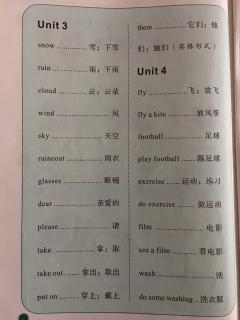 陕旅小学英语四下Unit3单词汉英版