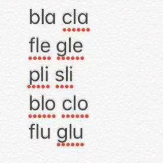 拼读bla，cla，fle，gle，pli，sli，blo，clo flu，glu