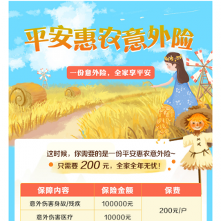 Share平安保险:惠农意外保险(保费:200元/户)(客服：95511)